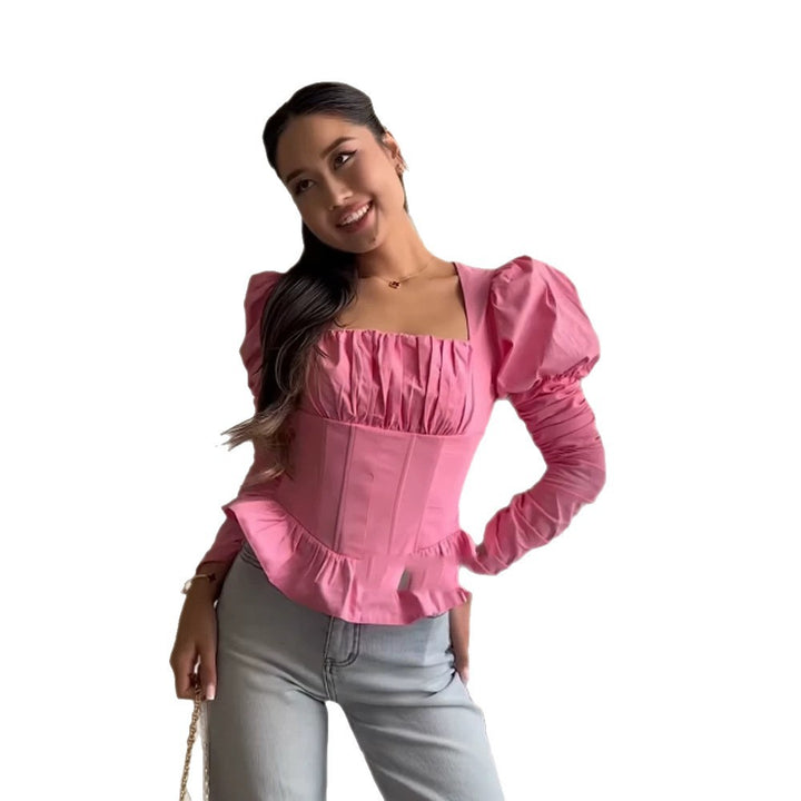 Women Corset-Top with Waist Contour, Puff Sleeves and Square Neckline Mune Fashion