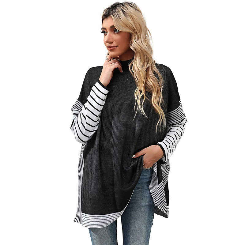 Women’s Oversized Knit Sweater with Stand-Up Collar and Striped Raglan Sleeves Mune Fashion