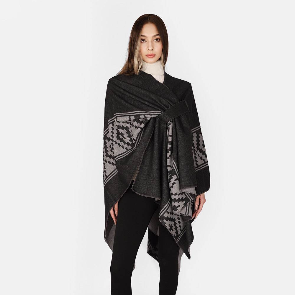 Women's Jacquard Ruana with TIE BELT and geometric pattern Mune Fashion