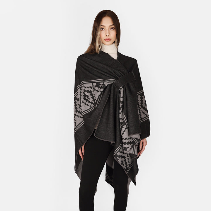 Women's Jacquard Ruana with TIE BELT and geometric pattern Mune Fashion