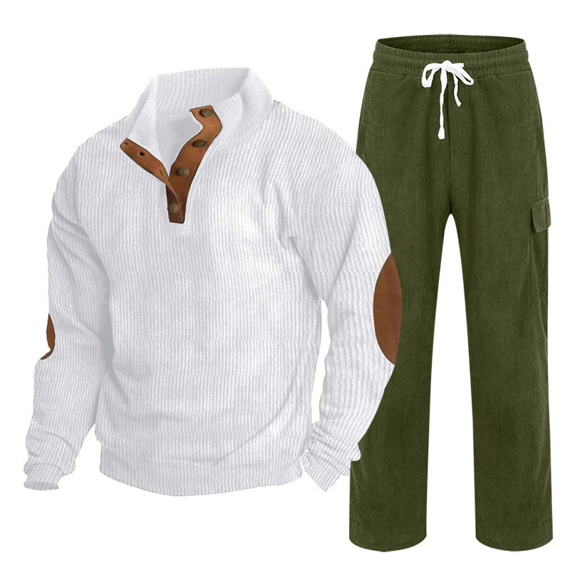 Men's Cozy Leisure Set made of Waffle Knit Henley with Elbow Patch and Relax Cargo Pants Mune Fashion