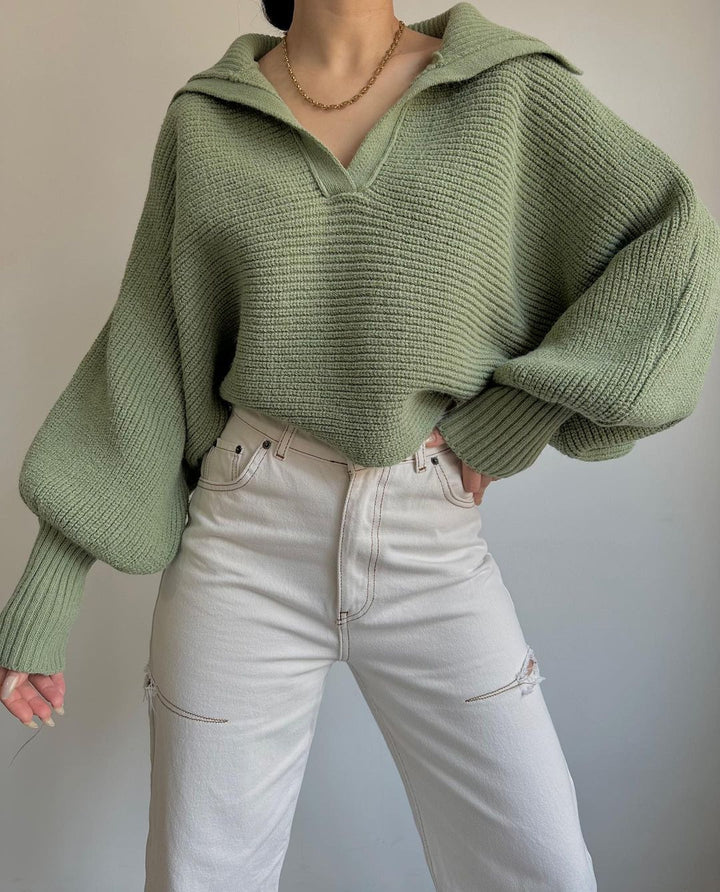 Women's Oversize Rib Sweater with Lapel Collar and Deep V-Neck Mune Fashion