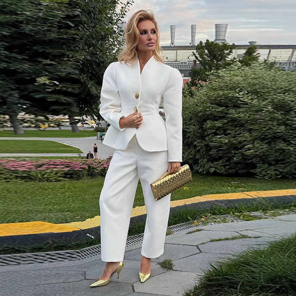 Women's Tailored Blazer with Peplum and Wide High-Waisted Pants Mune Fashion