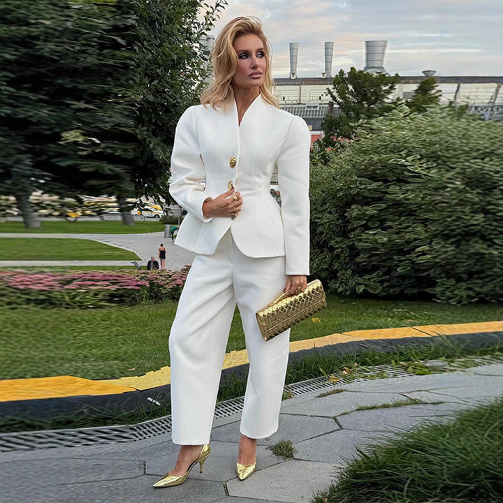 Women's Tailored Blazer with Peplum and Wide High-Waisted Pants Mune Fashion