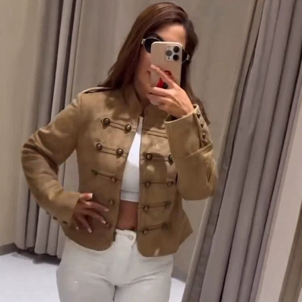 Women's tailored military jacket made of wool blend with stand-up collar and double button placket Mune Fashion