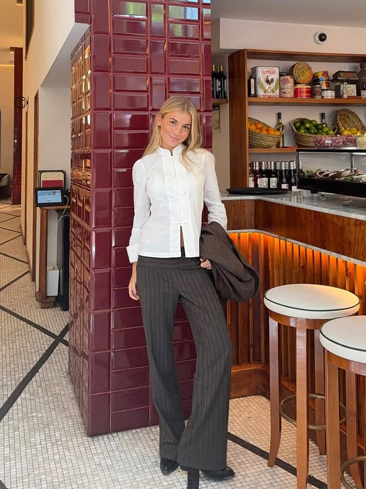 Ladies Tailored Mandarin Collar Blouse with Concealed Button Placket and Straight Hem Mune Fashion