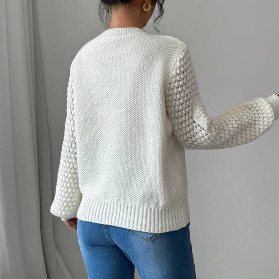 Women's Structured Chunky Knit Sweater with Lacy Sleeves and Ribbed Hem Mune Fashion