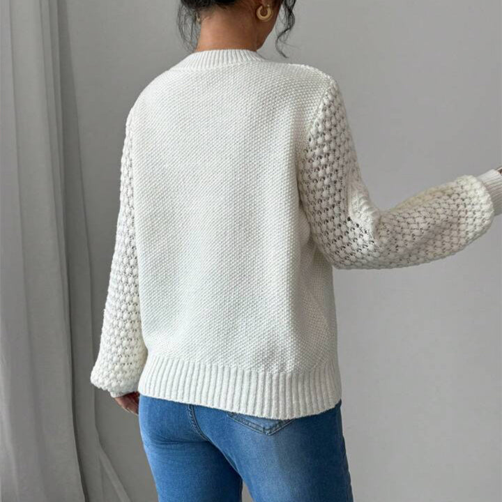 Women's Structured Chunky Knit Sweater with Lacy Sleeves and Ribbed Hem Mune Fashion