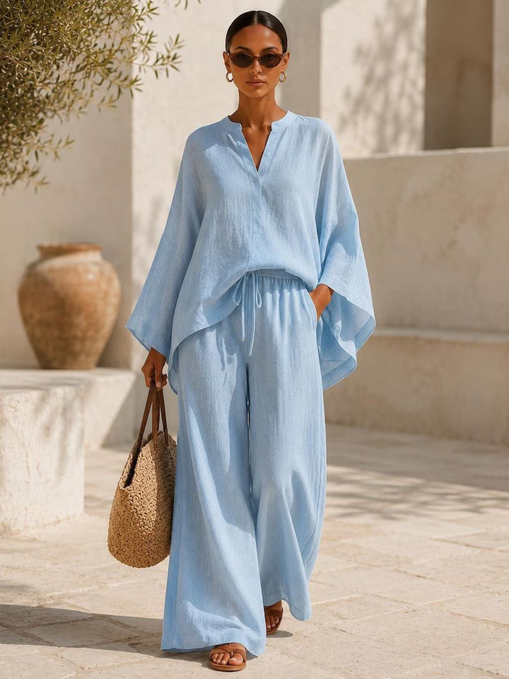 Women's Lightweight Linen-Blend Oversized Kaftan Top and Drawstring Wide-Leg Pants Set Mune Fashion