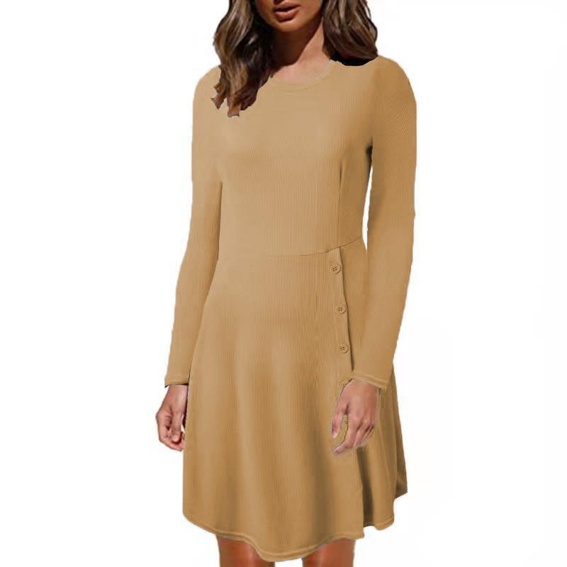 Women's Ribbed A-Line Dress with Round Neckline, Long Sleeves and Side Button Placket Mune Fashion