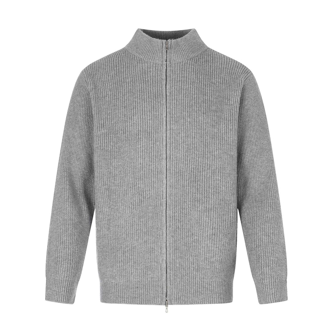 Unisex Ribbed Knit Cardigan with Stand-Up Collar, Two-Way Zipper and Ribbed Texture Mune Fashion
