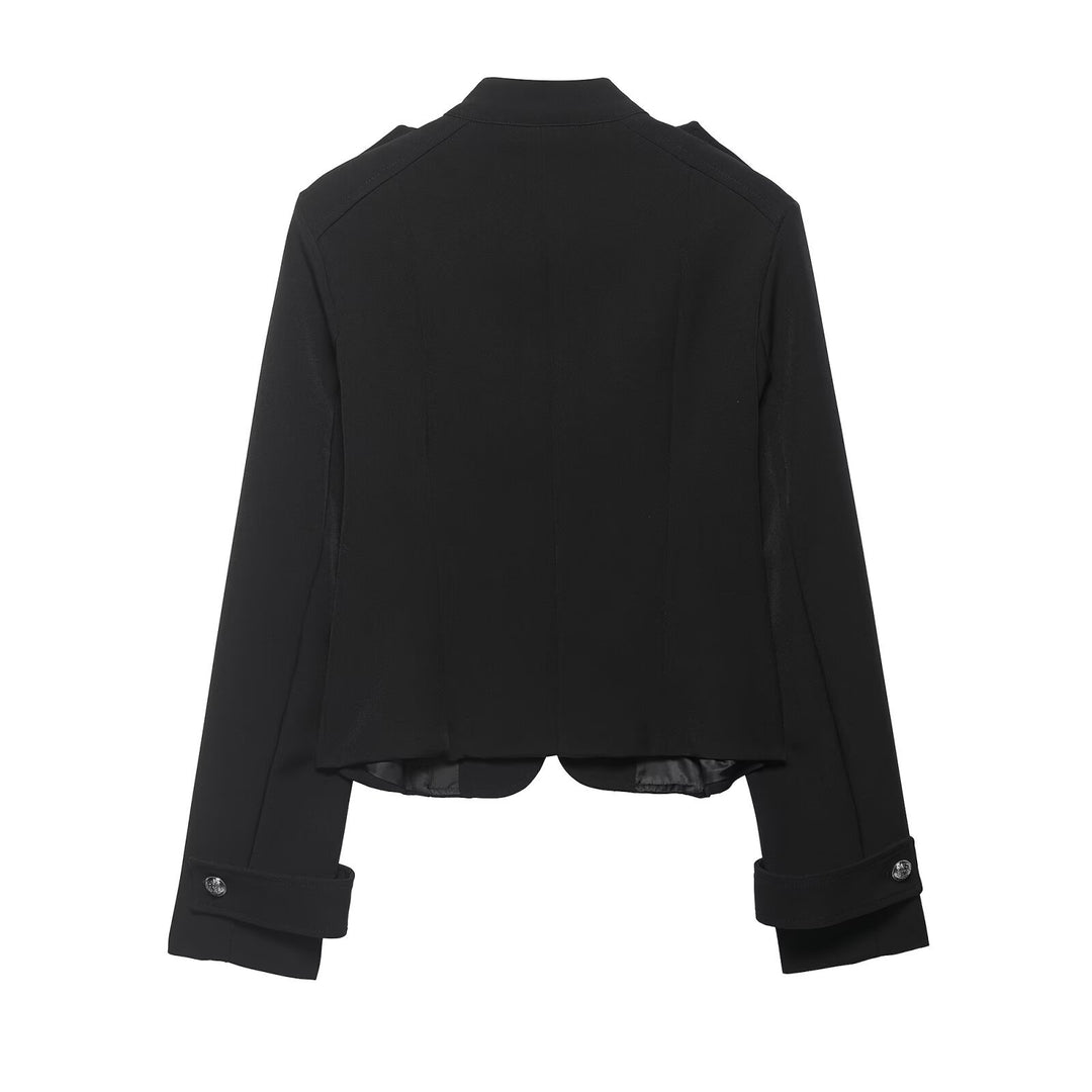 Women’s military-inspired short jacket with stand-up collar, decorative cords, and epaulettes Mune Fashion