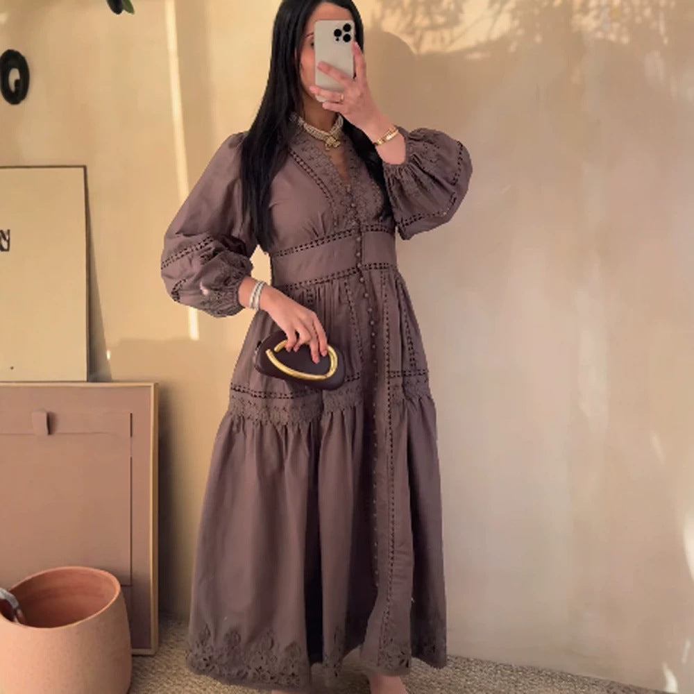 Women's maxi dress in boho style with lace inserts, button placket, and balloon sleeves Mune Fashion
