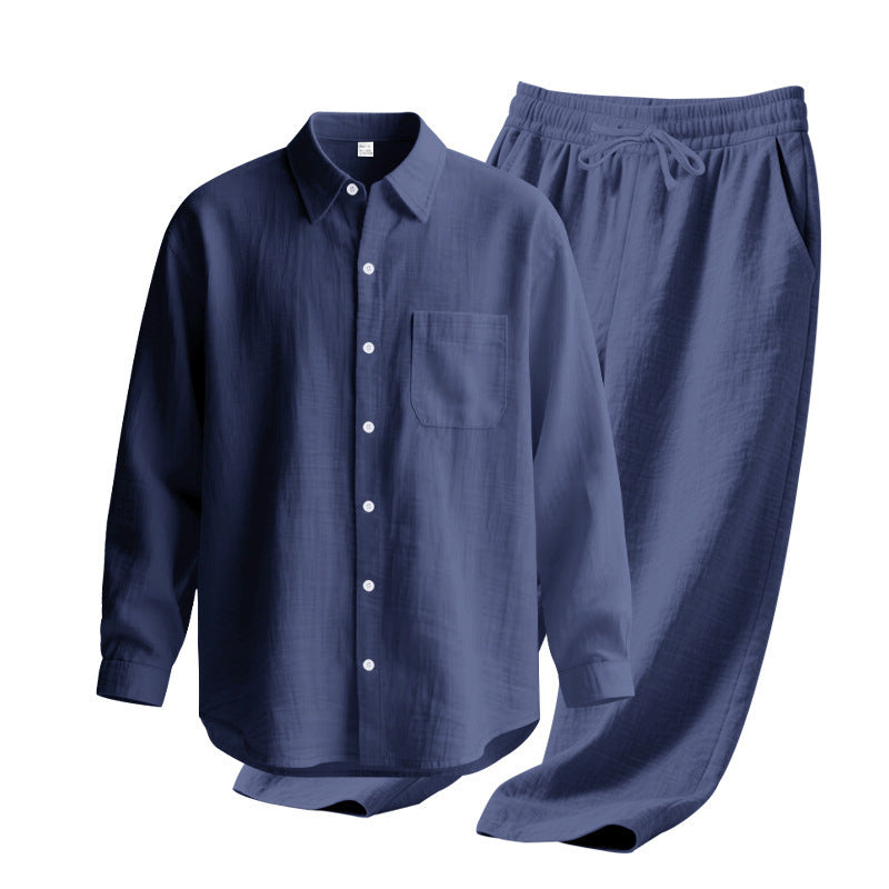 Men's light house suit made of cotton gauze with kent collar shirt, breast pocket and drawstring pants Mune Fashion