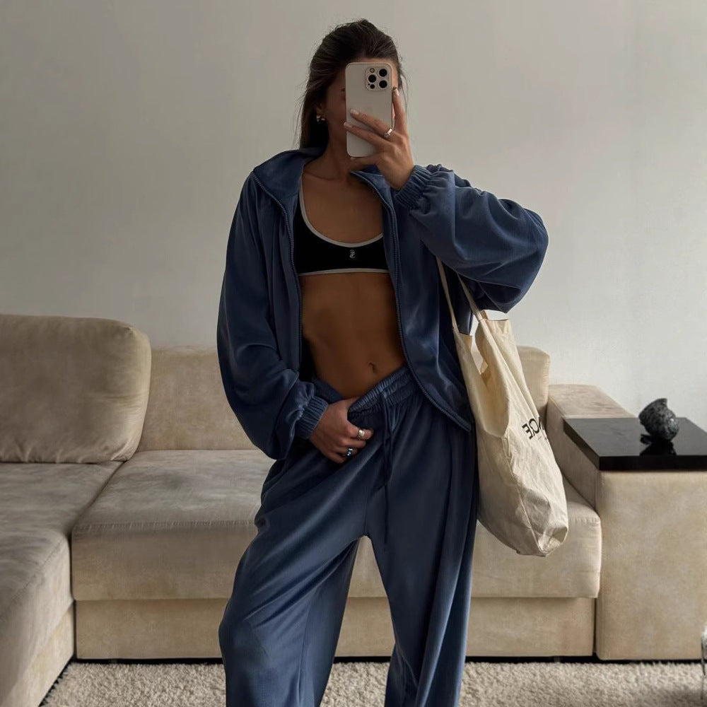 Women's Casual Lounge Two-Piece Set with Oversized Zip Jacket and Wide Leg Pants Mune Fashion