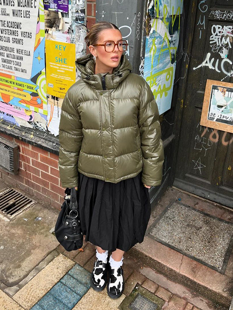 Women's Short Shiny Padded Jacket with Hood and Boxy Silhouette Mune Fashion
