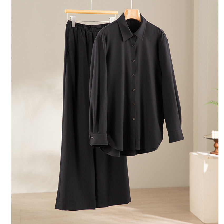 Women's Oversize Satin Blouse in Shirt Cut with Classic Collar and Rounded Hem Mune Fashion