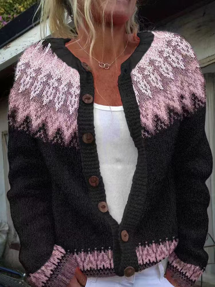 Women's patterned cardigan with round yoke, wooden buttons, and welt pockets Mune Fashion
