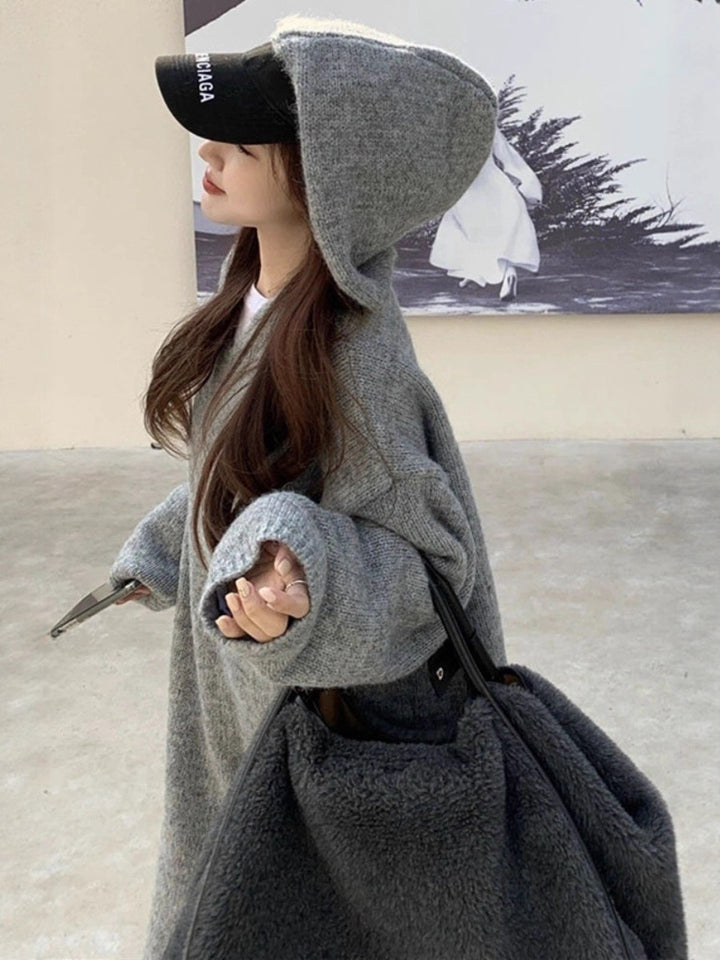 Women Long Hoodie Knit Dress Made of Wool Blend with Relaxed Oversize Silhouette and Ribbed Hem Mune Fashion