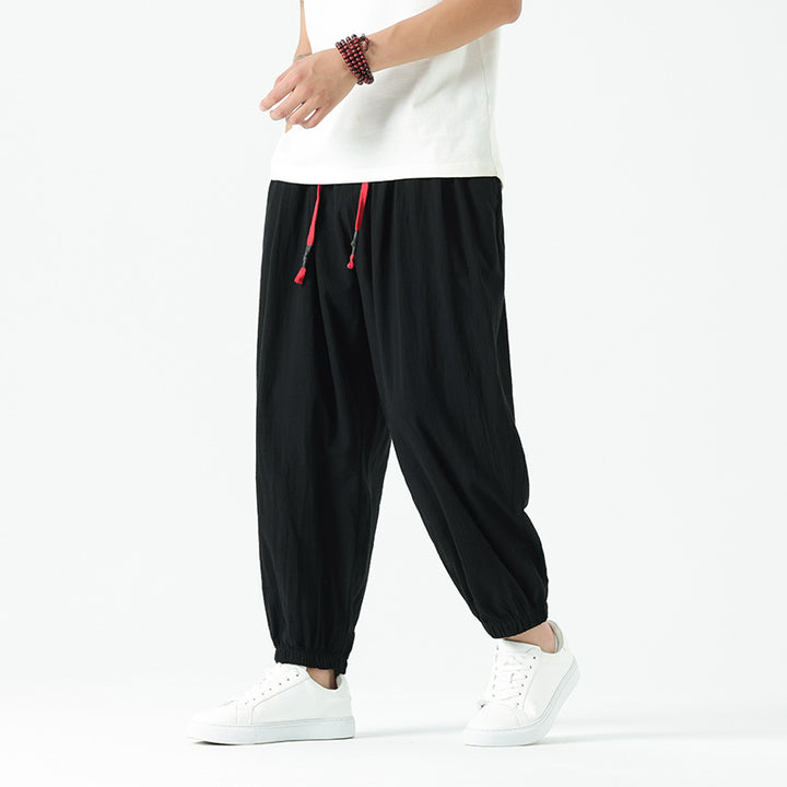 Men's loosely cut linen-cotton pants with drawstring and elastic cuffs Mune Fashion