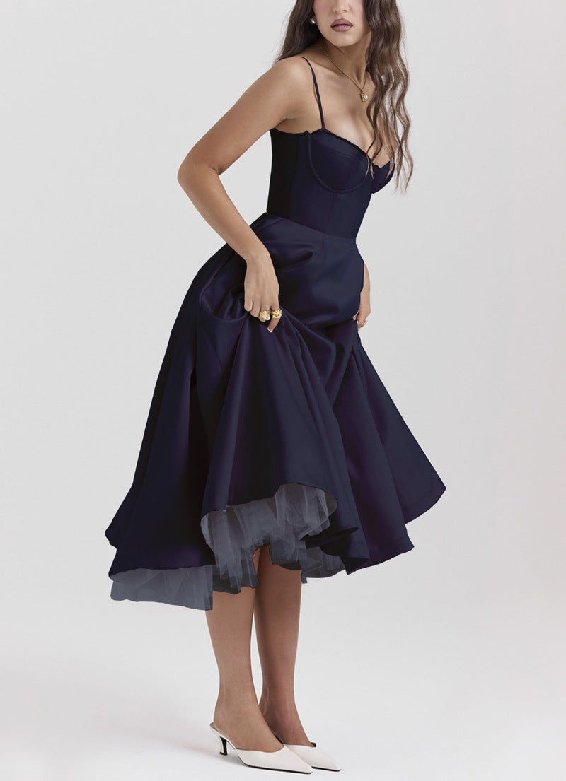 Women's tailored retro-inspired midi dress with corset underbust seams, flared skirt, and side pockets Mune Fashion