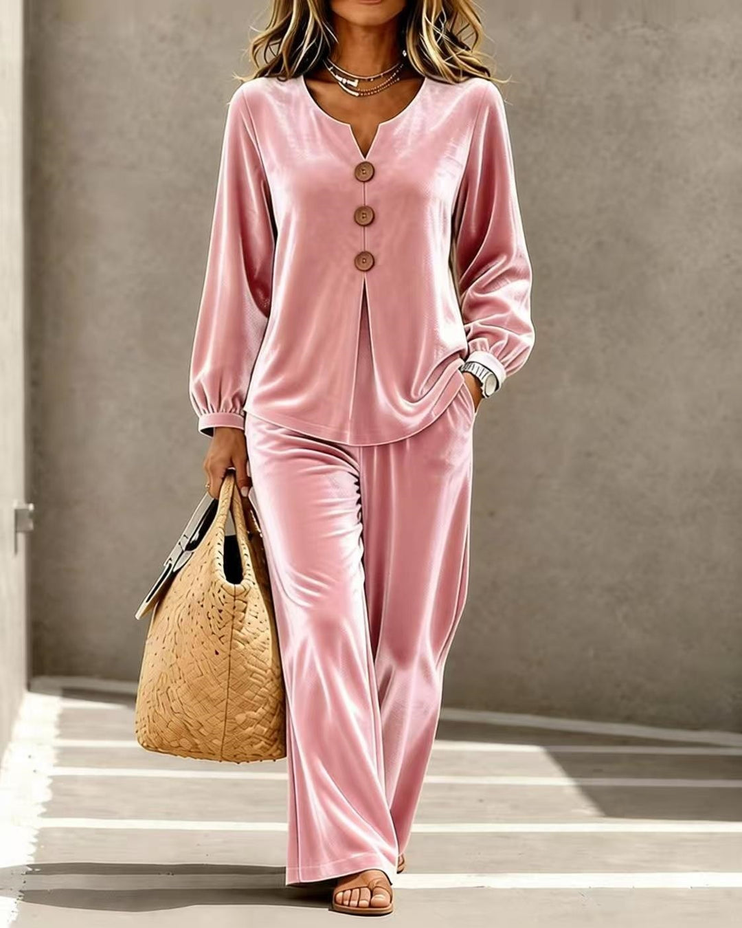 Women in soft velvet lounge set with V-neck, button placket, and wide leg Mune Fashion