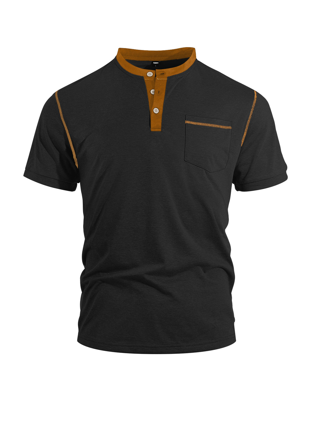 Men's short-sleeve band collar shirt with button placket, chest pocket, and flatlock seams Mune Fashion