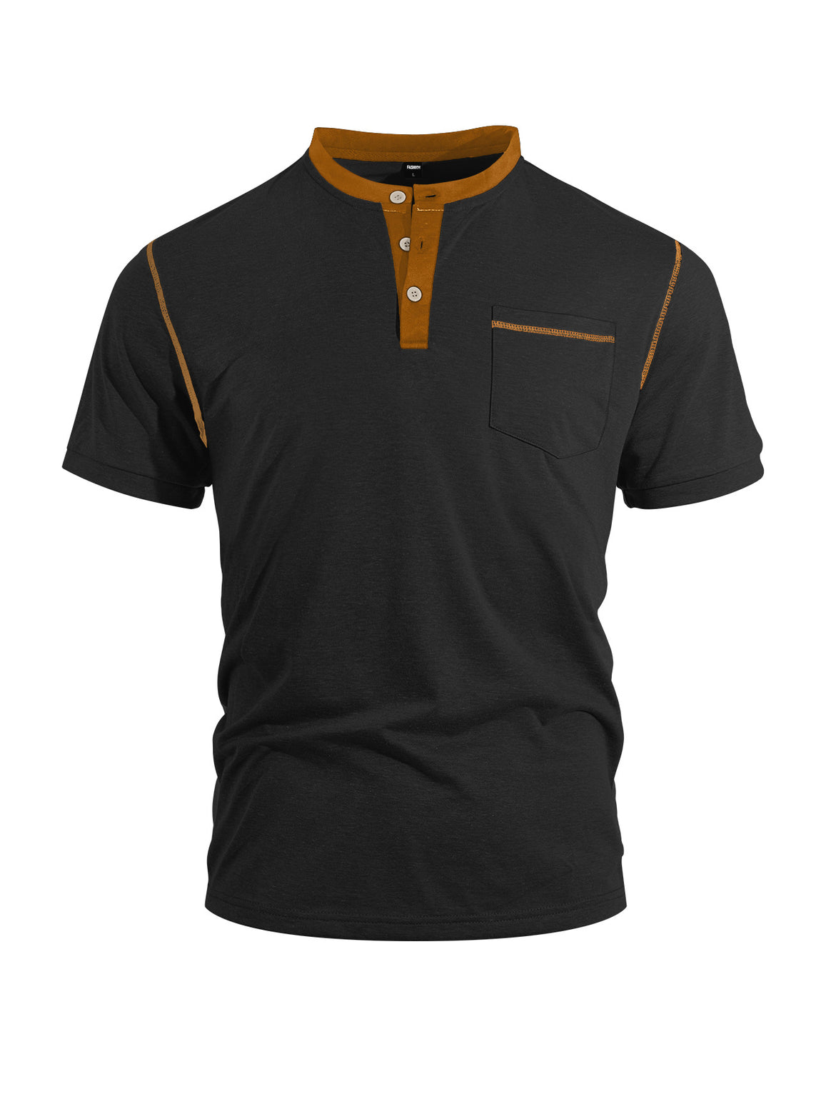 Men's short-sleeve band collar shirt with button placket, chest pocket, and flatlock seams Mune Fashion