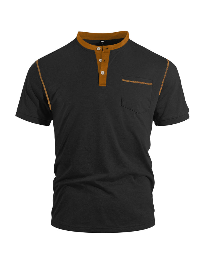 Men's short-sleeve band collar shirt with button placket, chest pocket, and flatlock seams Mune Fashion