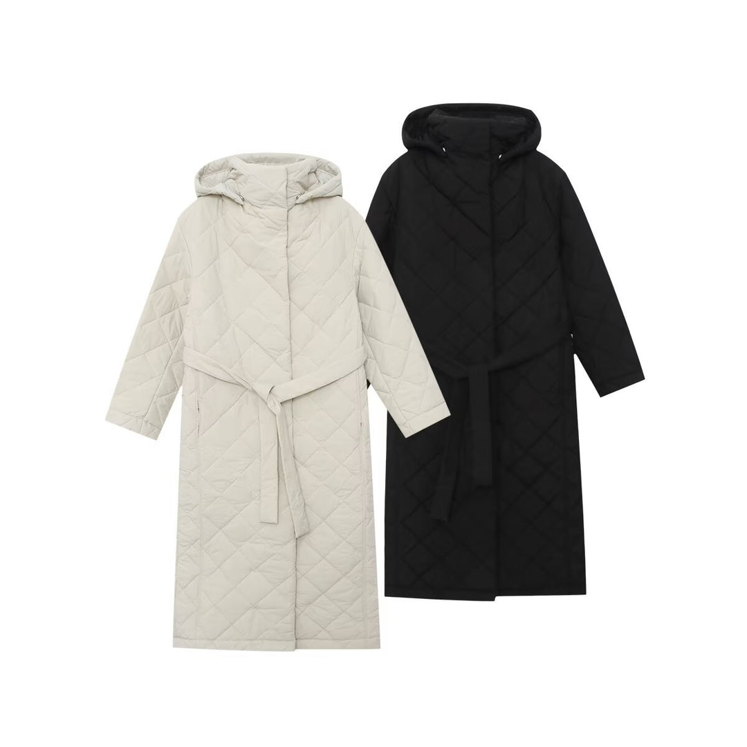 Ladies quilted coat with hood, belt and diamond quilting Mune Fashion