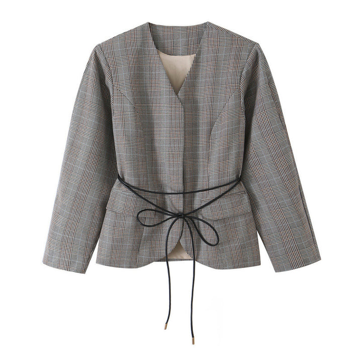 Women tailored glencheck blazer jacket with V-neck and tie waist Mune Fashion