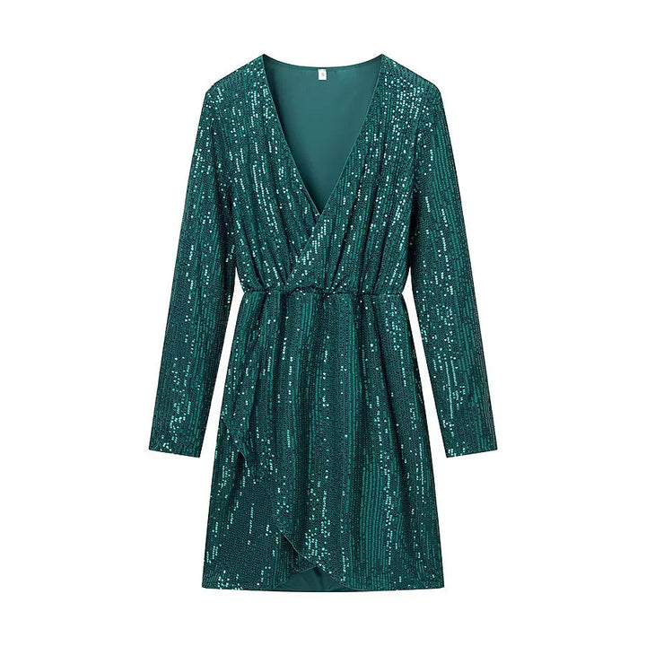 Women's wrap mini dress with sequin trim, deep V-neckline and fitted tie belt Mune Fashion