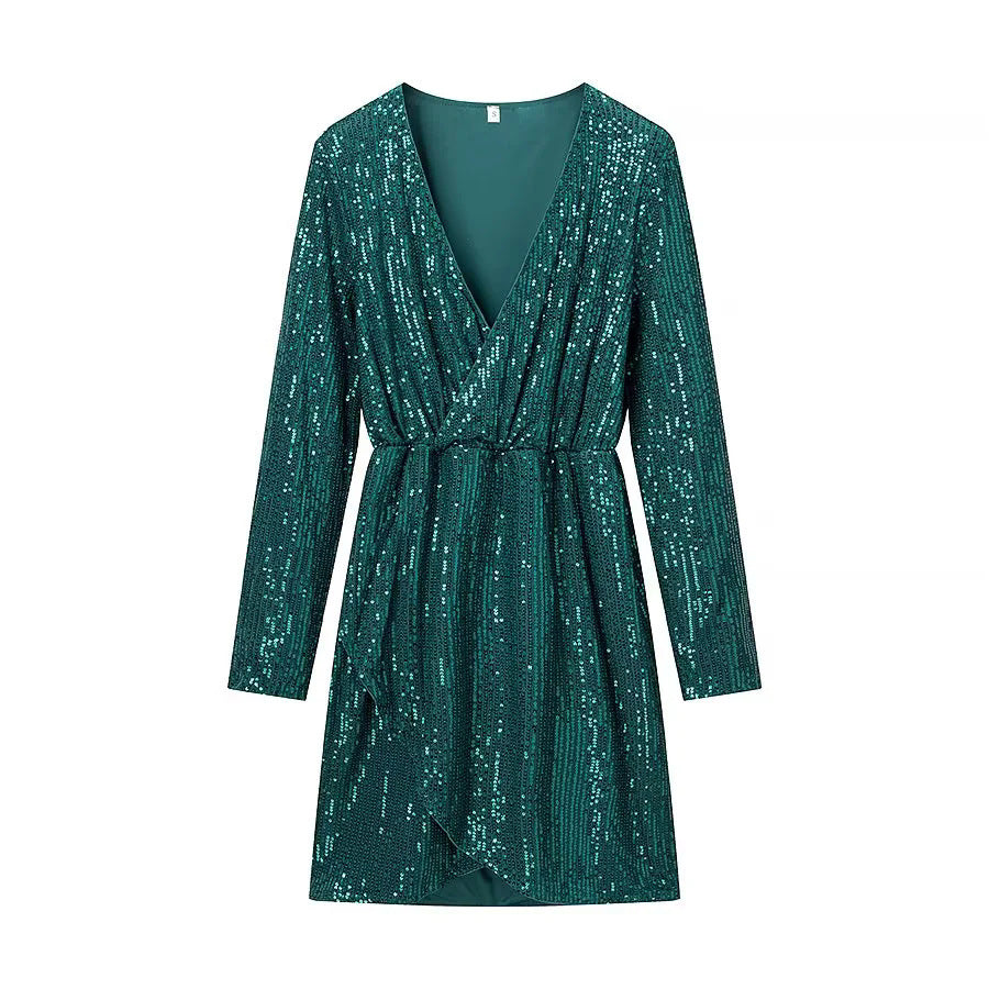 Women's wrap mini dress with sequin trim, deep V-neckline and fitted tie belt Mune Fashion