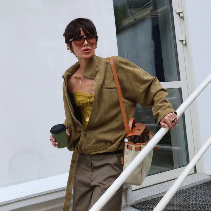 Women's Oversized Suede Bomber Jacket with Tailoring Belt and Asymmetrical Zipper Mune Fashion