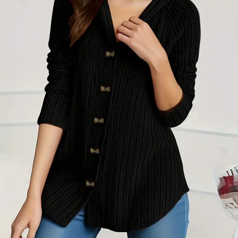 Women's concealing ribbed knit cardigan with V-neck and decorative buttons Mune Fashion