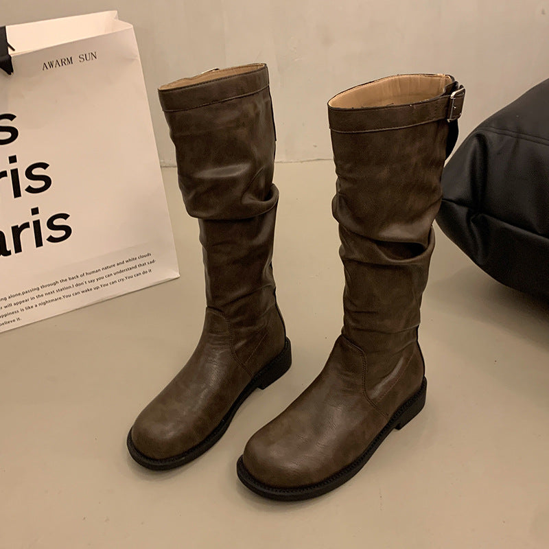 Women's suede knee-high boots with gathered shaft and adjustable buckle tab Mune Fashion