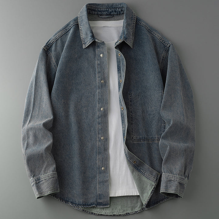 Men's overshirt jacket made of washed denim with snap button placket and relaxed fit Mune Fashion
