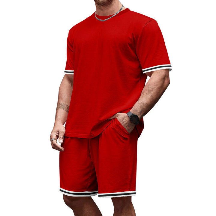 Men's casual jersey set consisting of short-sleeve shirt and bermuda shorts with contrasting stripes, elastic waistband, and insert pockets Mune Fashion