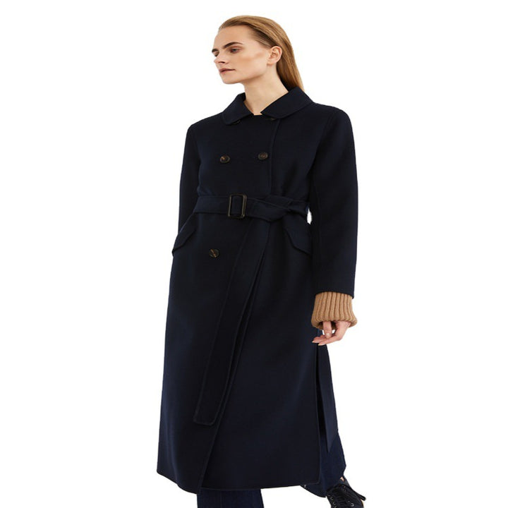 Women's long coat in a minimalist coat dress look with concealed double row and fabric belt Mune Fashion