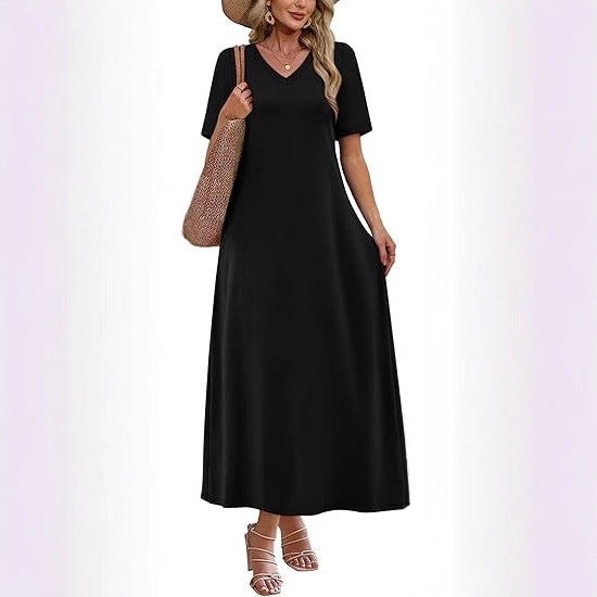 Women's Long A-Line Maxi Dress with V-Neck, Short Sleeves and Side Pockets Mune Fashion