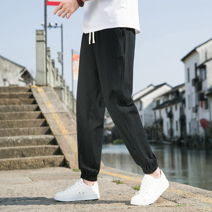 Men's Nan Tapered Linen-Cotton Joggers with Drawstring, Elastic Ankle Cuffs and Slim Silhouette Mune Fashion