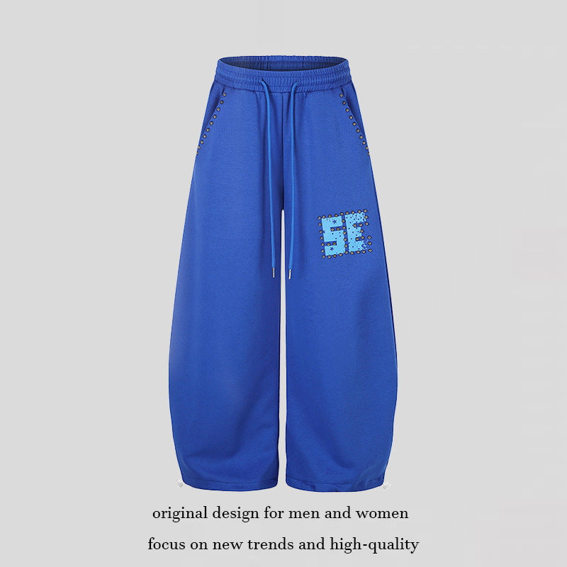 Women's Wide Palazzo Sweatpants with Studded Trim, Comfort Waistband and Hem Drawstring Mune Fashion