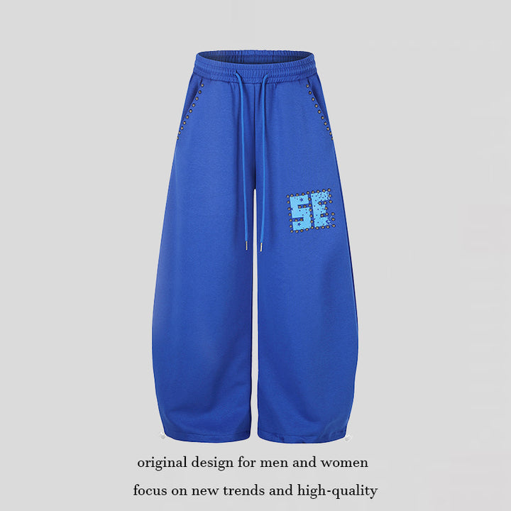 Women's Wide Palazzo Sweatpants with Studded Trim, Comfort Waistband and Hem Drawstring Mune Fashion