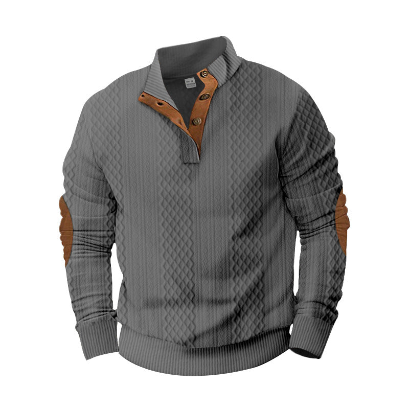Men's structured Henley pullover with stand-up collar, button placket and leather-look elbow patches Mune Fashion