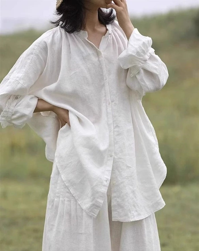 Women's Loose Oversized Linen Shirt with Stand Collar, Gathered Shoulder Yoke and Wide Balloon Sleeves Mune Fashion