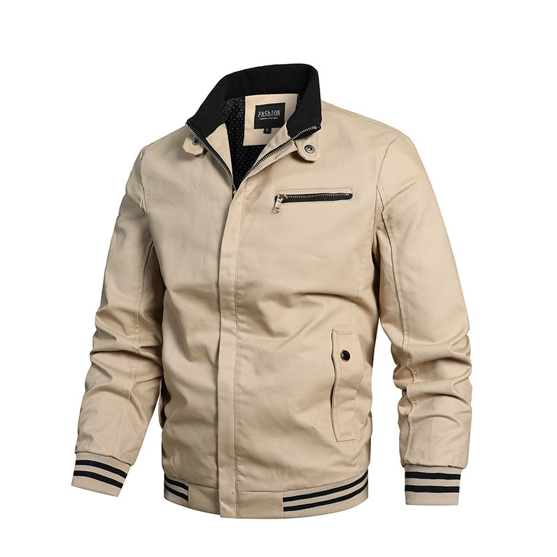 Men's modern canvas bomber jacket in varsity style with striped ribbed cuffs and concealed front placket.