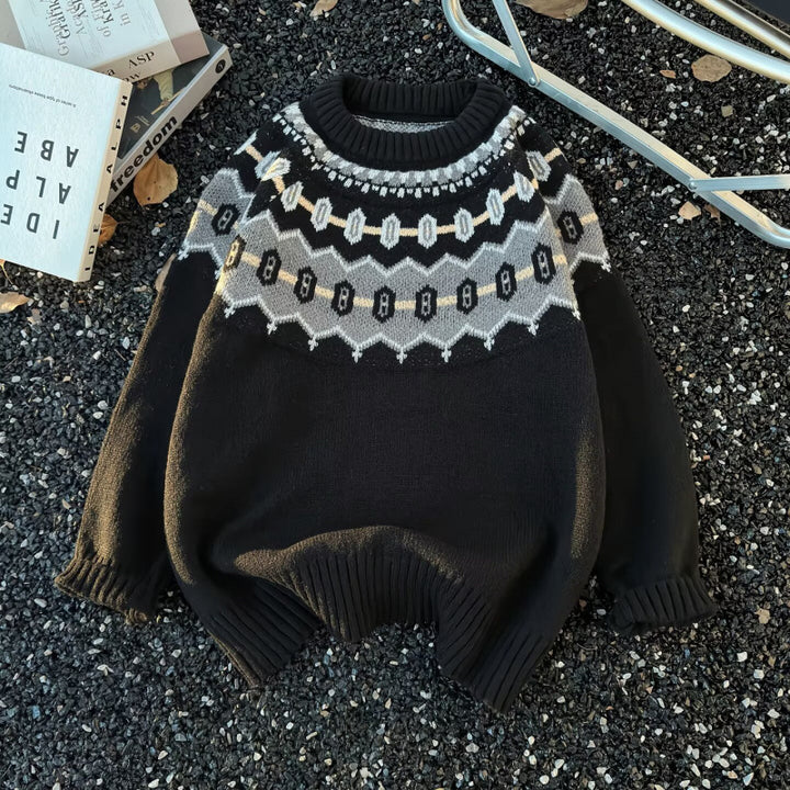 Unisex Oversized Round Neck Pullover with Norwegian Jacquard and Ribbed Cuffs Mune Fashion