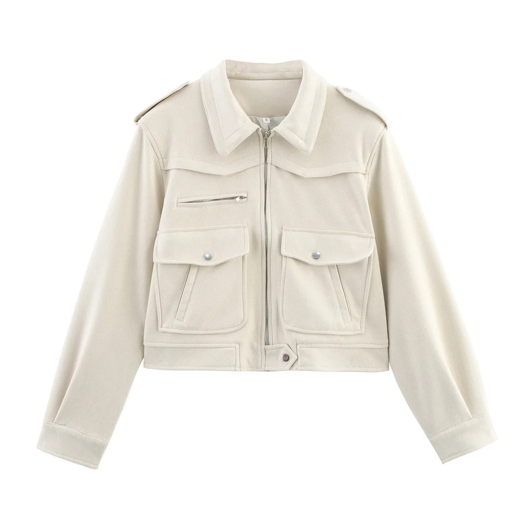 Women's cropped field blazer with shoulder epaulettes, large flap pockets, and central zipper Mune Fashion