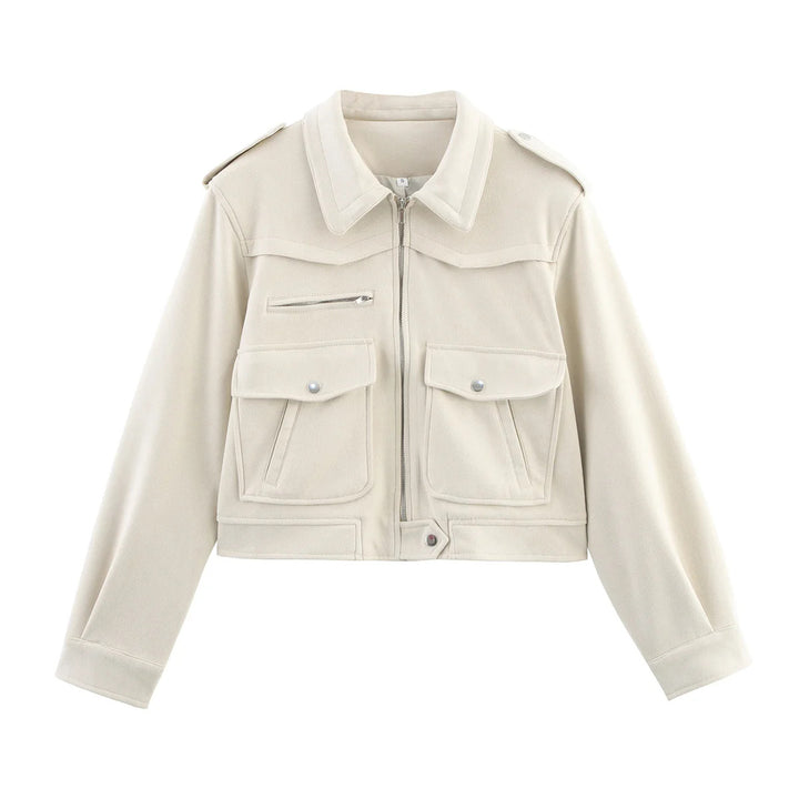 Women's cropped field blazer with shoulder epaulettes, large flap pockets, and central zipper Mune Fashion