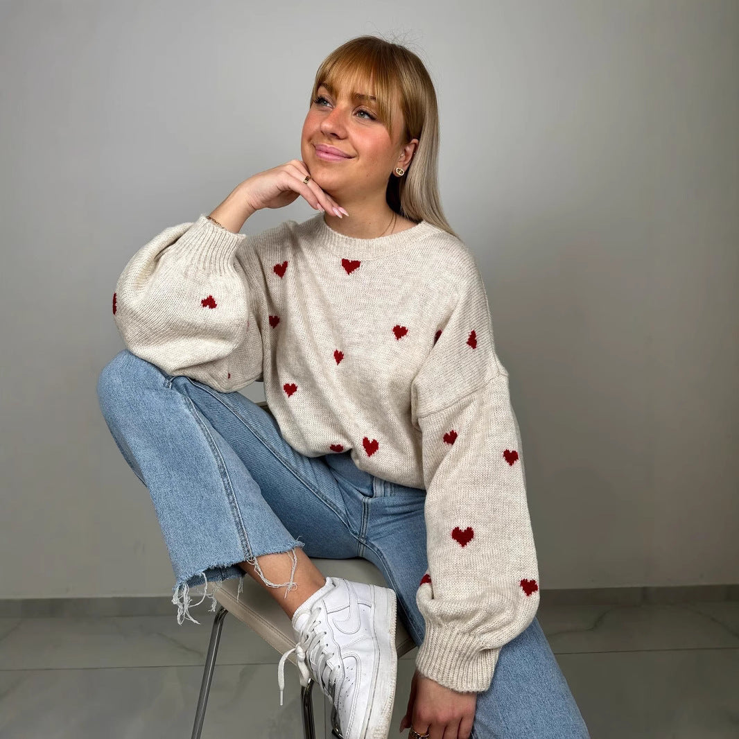 Women oversized knit sweater with heart intarsias and balloon sleeves Mune Fashion